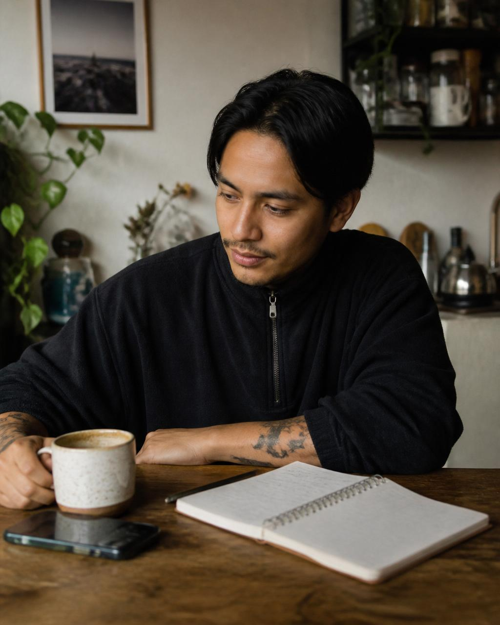 Persona en una pausa emocional con café y libreta